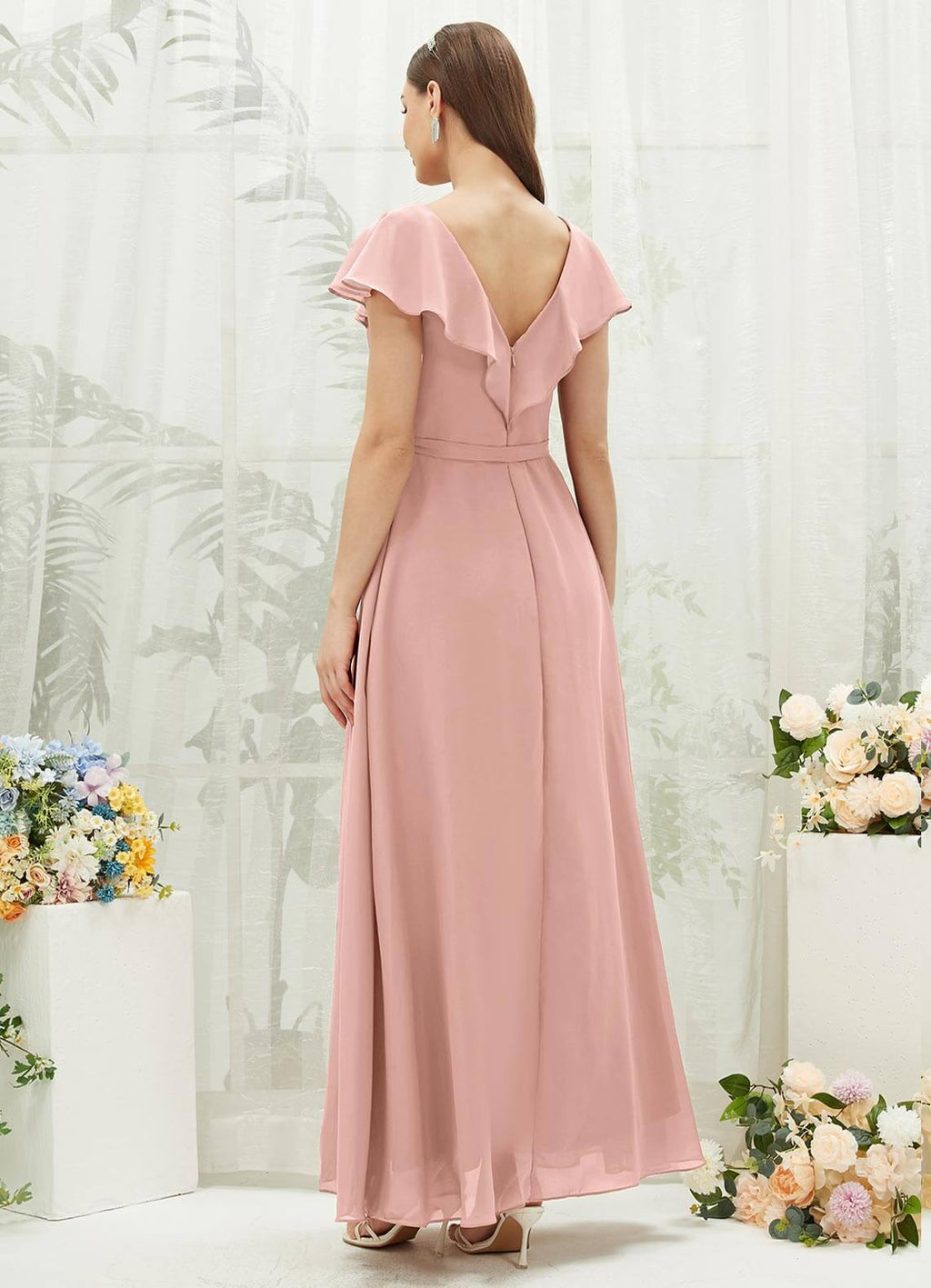 NZ Bridal Dusty Pink Chiffon Wrap Flowy bridesmaid dresses with Slit AZ31002 Jael a