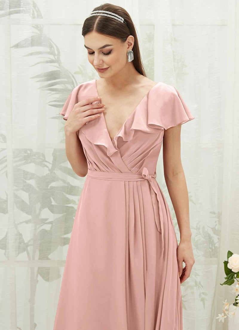 NZ Bridal Dusty Pink Chiffon Wrap Flowy bridesmaid dresses with Slit AZ31002 Jael c