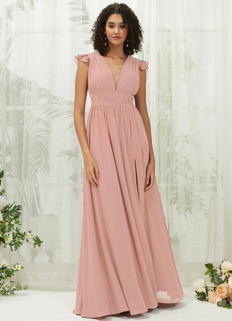 Dusty Pink Cap Sleeves Pleated V-Neck Chiffon Maxi Bridesmaid Dress Dusty Pink / M / N8-10 Dusty Pink Cap Sleeves Pleated V-Neck Chiffon Maxi Bridesmaid Dress Dusty Pink / M / N8-10