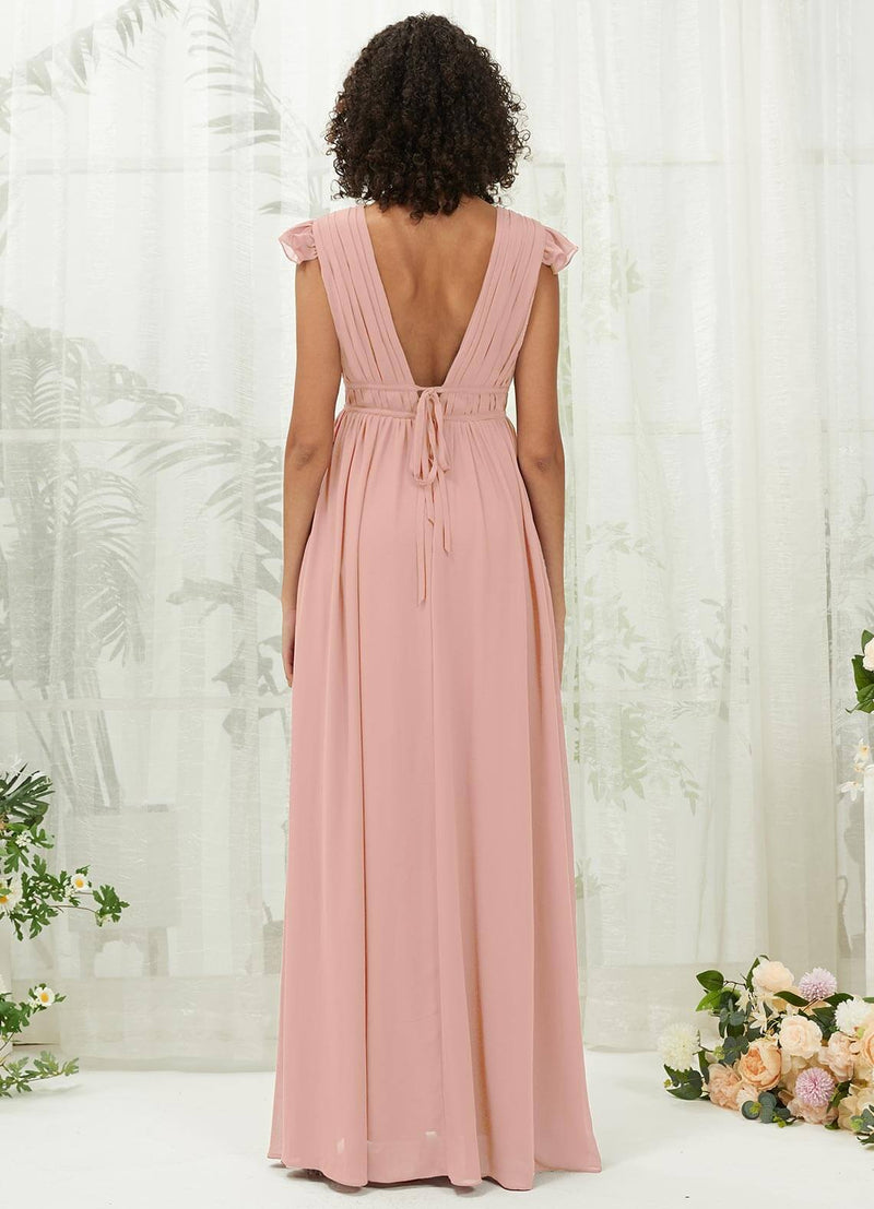 NZ Bridal Dusty Pink Pleated Cap Sleeves Chiffon Maxi bridesmaid dresses R0410 Collins b