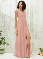 NZ Bridal Dusty Pink Pleated Cap Sleeves Chiffon Maxi bridesmaid dresses R0410 Collins c