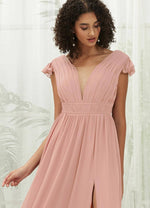 NZ Bridal Dusty Pink Pleated Cap Sleeves Chiffon Maxi bridesmaid dresses R0410 Collins detail1