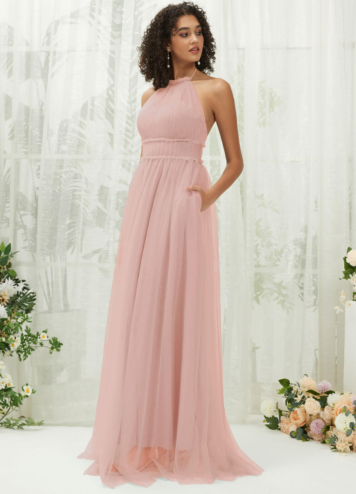 Dusty Pink Tulle Halter Neck Floor Length Bridesmaid Dress With Pocket Dusty Pink / XS / N0-2 Dusty Pink Tulle Halter Neck Floor Length Bridesmaid Dress With Pocket Dusty Pink / XS / N0-2