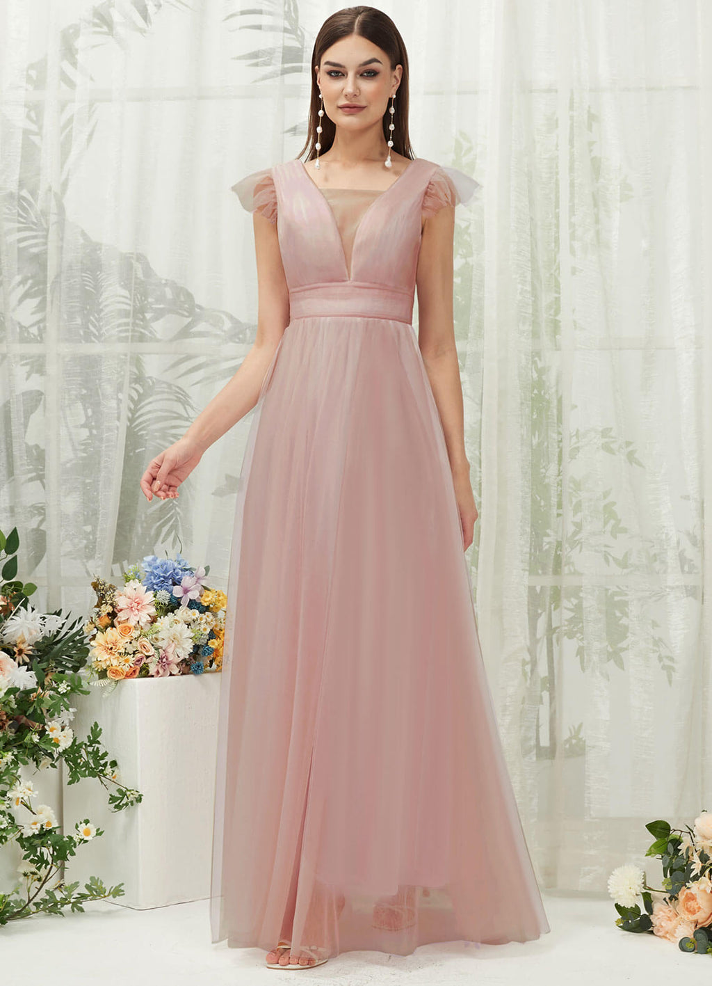 NZ Bridal Dusty Pink Tulle Sheer V Neck Maxi bridesmaid dresses R0410 Collins a