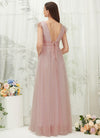 NZ Bridal Dusty Pink Tulle Sheer V Neck Maxi bridesmaid dresses R0410 Collins b