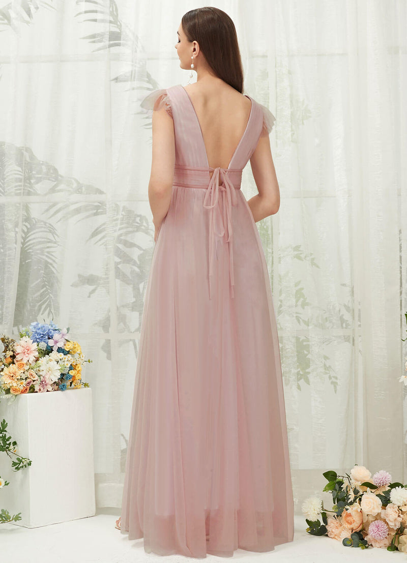 NZ Bridal Dusty Pink Tulle Sheer V Neck Maxi bridesmaid dresses R0410 Collins b