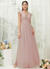 NZ Bridal Dusty Pink Tulle Sheer V Neck Maxi bridesmaid dresses R0410 Collins c