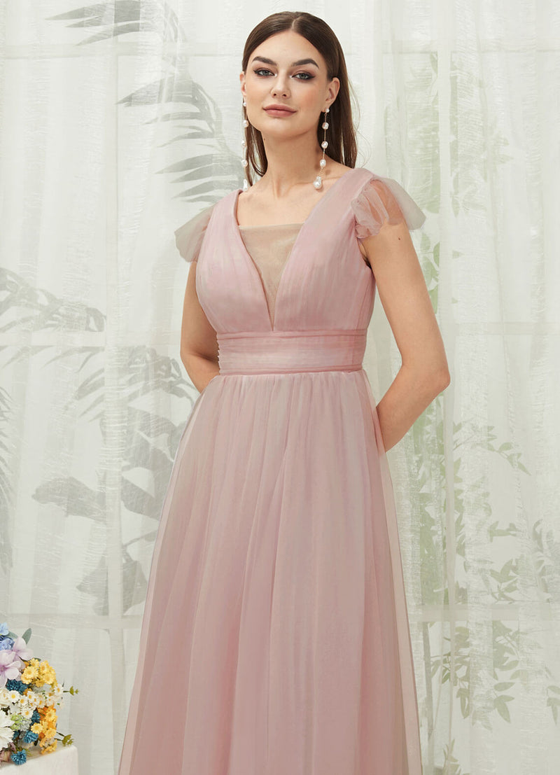 NZ Bridal Dusty Pink Tulle Sheer V Neck Maxi bridesmaid dresses R0410 Collins d