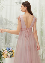 NZ Bridal Dusty Pink Tulle Sheer V Neck Maxi bridesmaid dresses R0410 Collins detail1