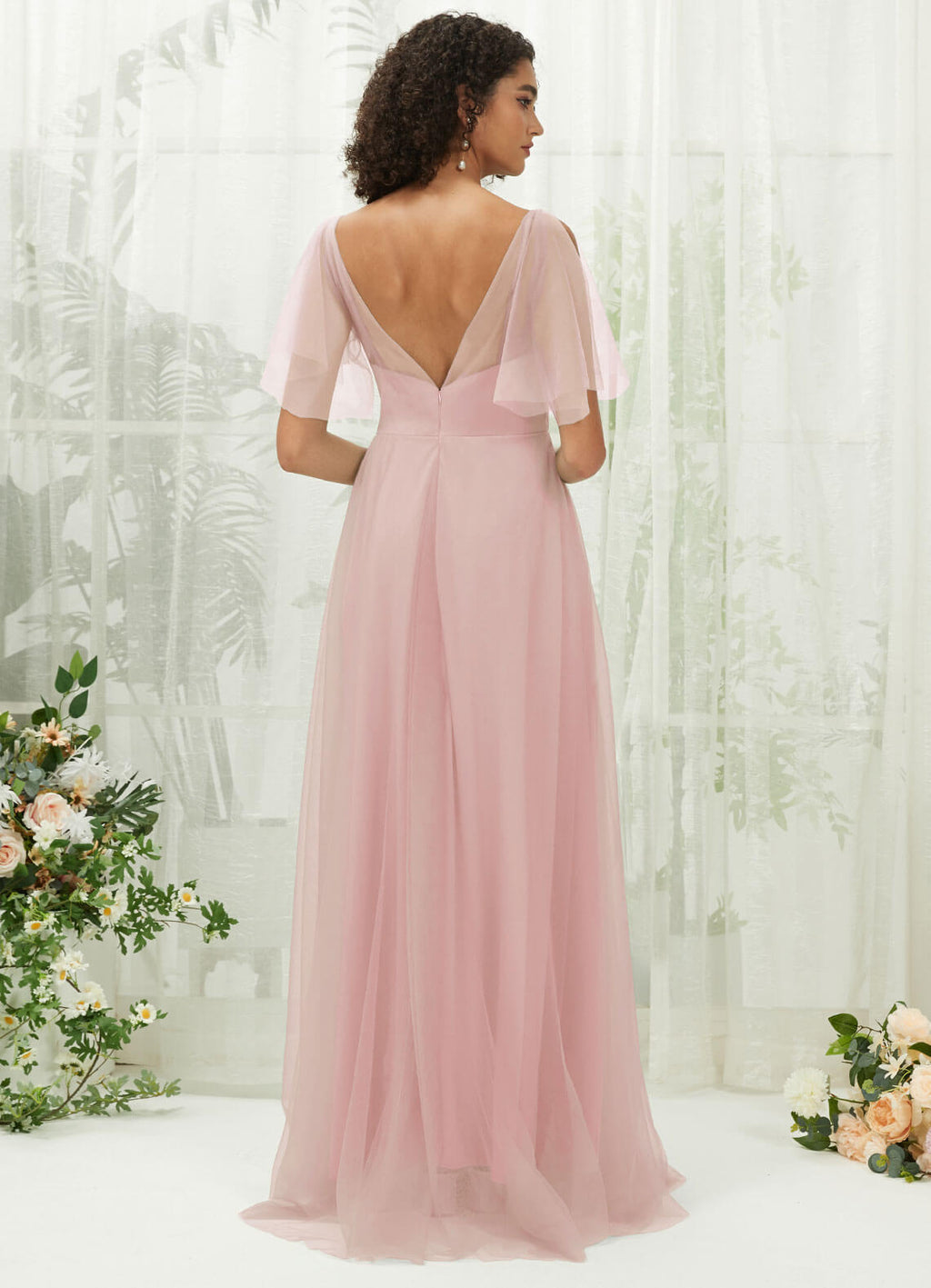 NZ Bridal Dusty Pink Tulle Short Sleeves Maxi bridesmaid dresses R1027 Dallas a