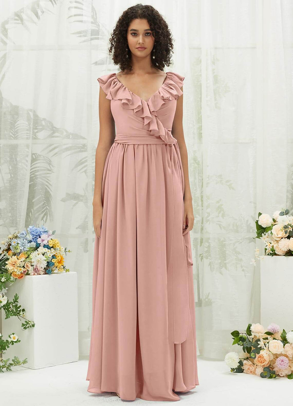 NZ Bridal Dusty Pink Wrap Ruffle Chiffon Maxi bridesmaid dresses R3702 Valerie a