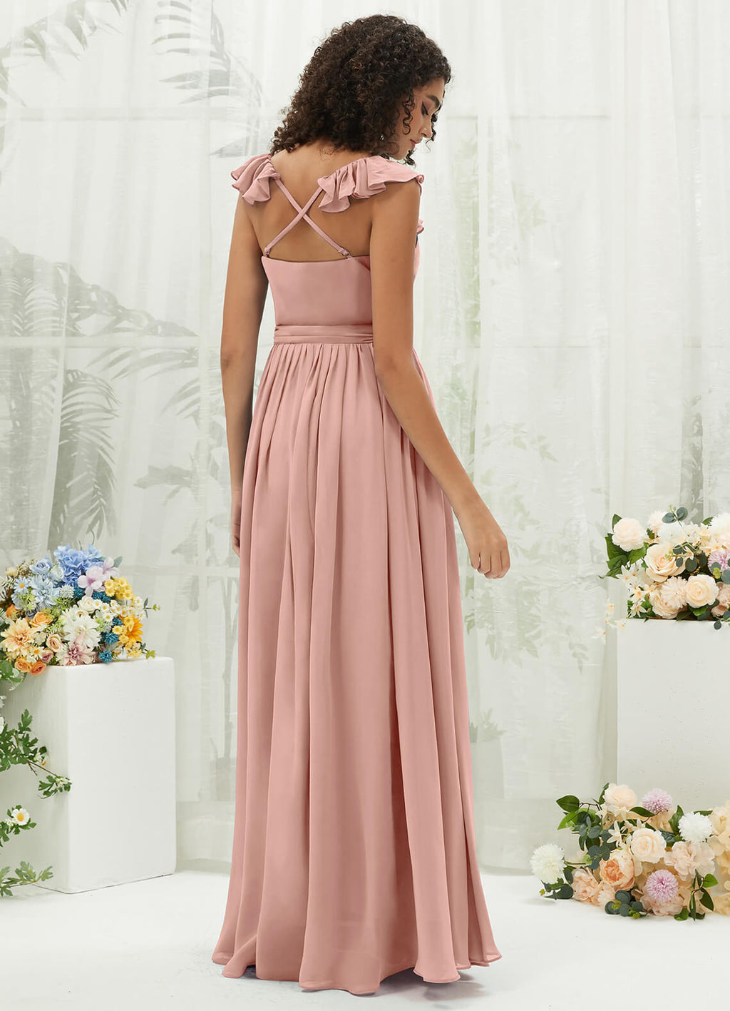 NZ Bridal Dusty Pink Wrap Ruffle Chiffon Maxi bridesmaid dresses R3702 Valerie a