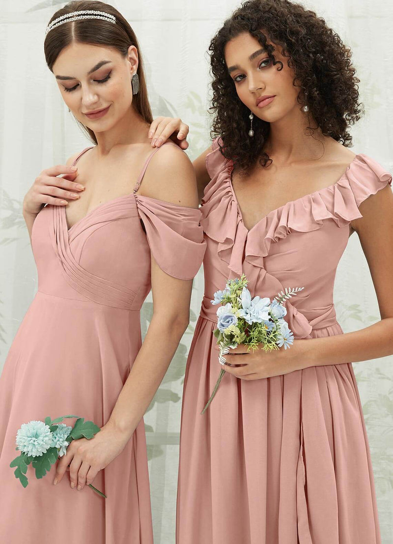 NZ Bridal Dusty Pink Wrap Ruffle Chiffon Maxi bridesmaid dresses R3702 Valerie g