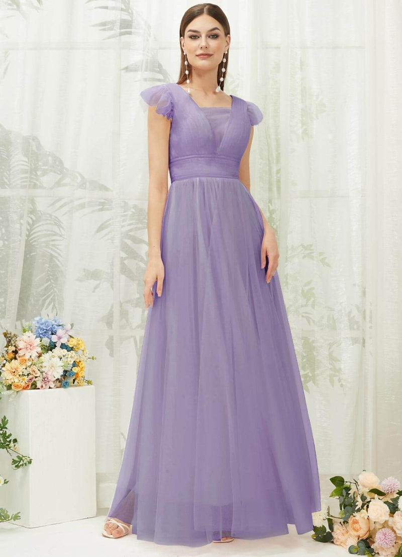 NZ Bridal Dusty Purple CapSleeves Tulle Maxi bridesmaid dresses R0410 Collins c
