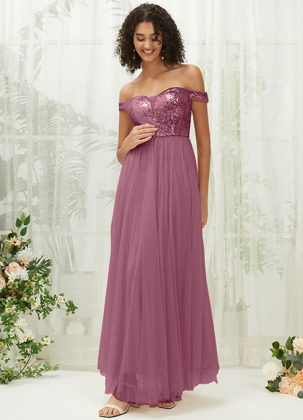 NZ Bridal Dusty Rose Flowy Off Shoulder Sequin Tulle Prom Dress 00277ee Esther a