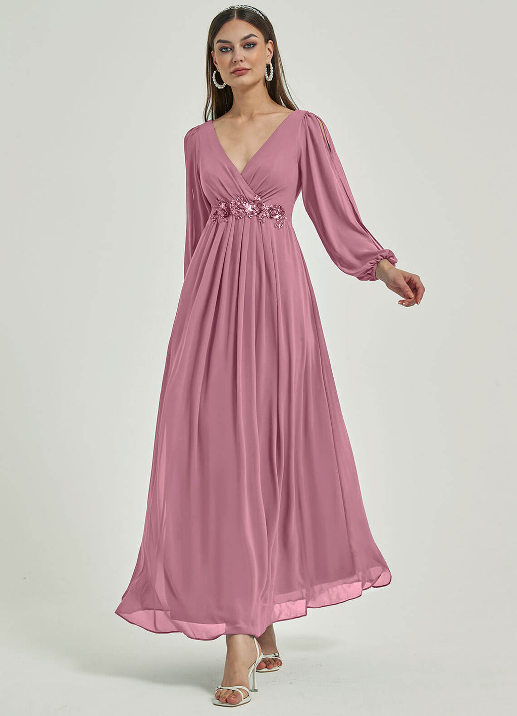 NZ Bridal Dusty Rose Long Slit Sleeves Chiffon V Neck bridesmaid dresses 00416ep Liv a