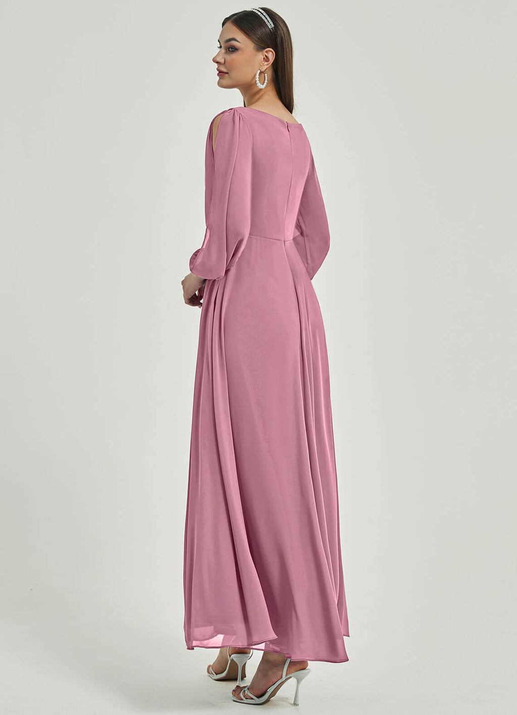 NZ Bridal Dusty Rose Long Slit Sleeves Chiffon V Neck bridesmaid dresses 00416ep Liv a