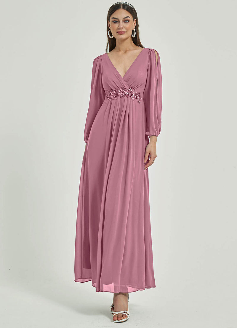 NZ Bridal Dusty Rose Long Slit Sleeves Chiffon V Neck bridesmaid dresses 00416ep Liv c