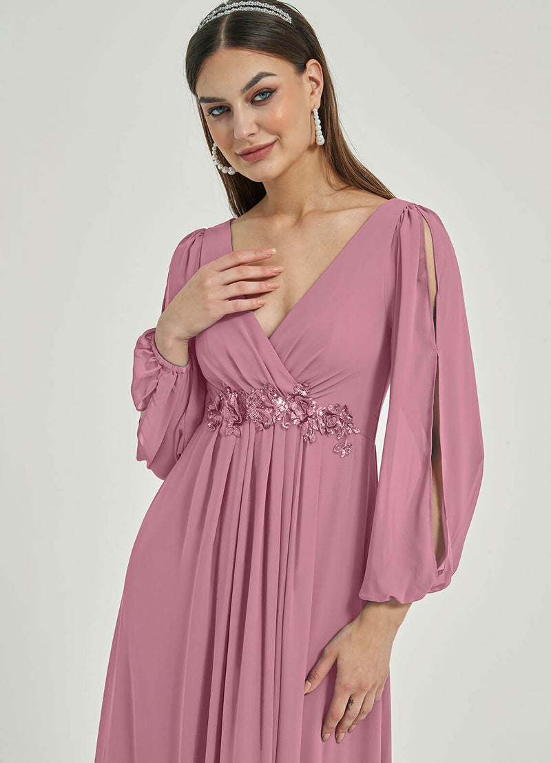 NZ Bridal Dusty Rose Long Slit Sleeves Chiffon V Neck bridesmaid dresses 00416ep Liv detail1