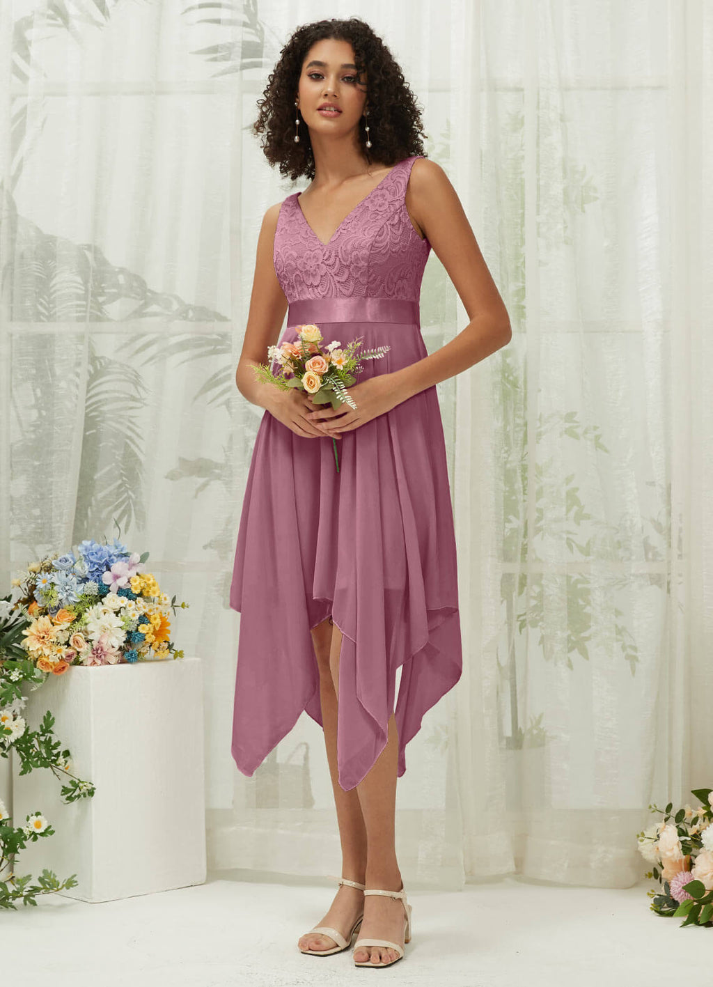 NZ Bridal Dusty Rose Sleeveless Lace Chiffon V Neck bridesmaid dresses 00207ep Evie a
