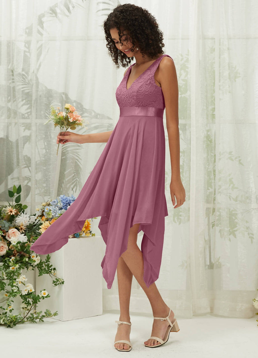 NZ Bridal Dusty Rose Sleeveless Lace Chiffon V Neck bridesmaid dresses 00207ep Evie a