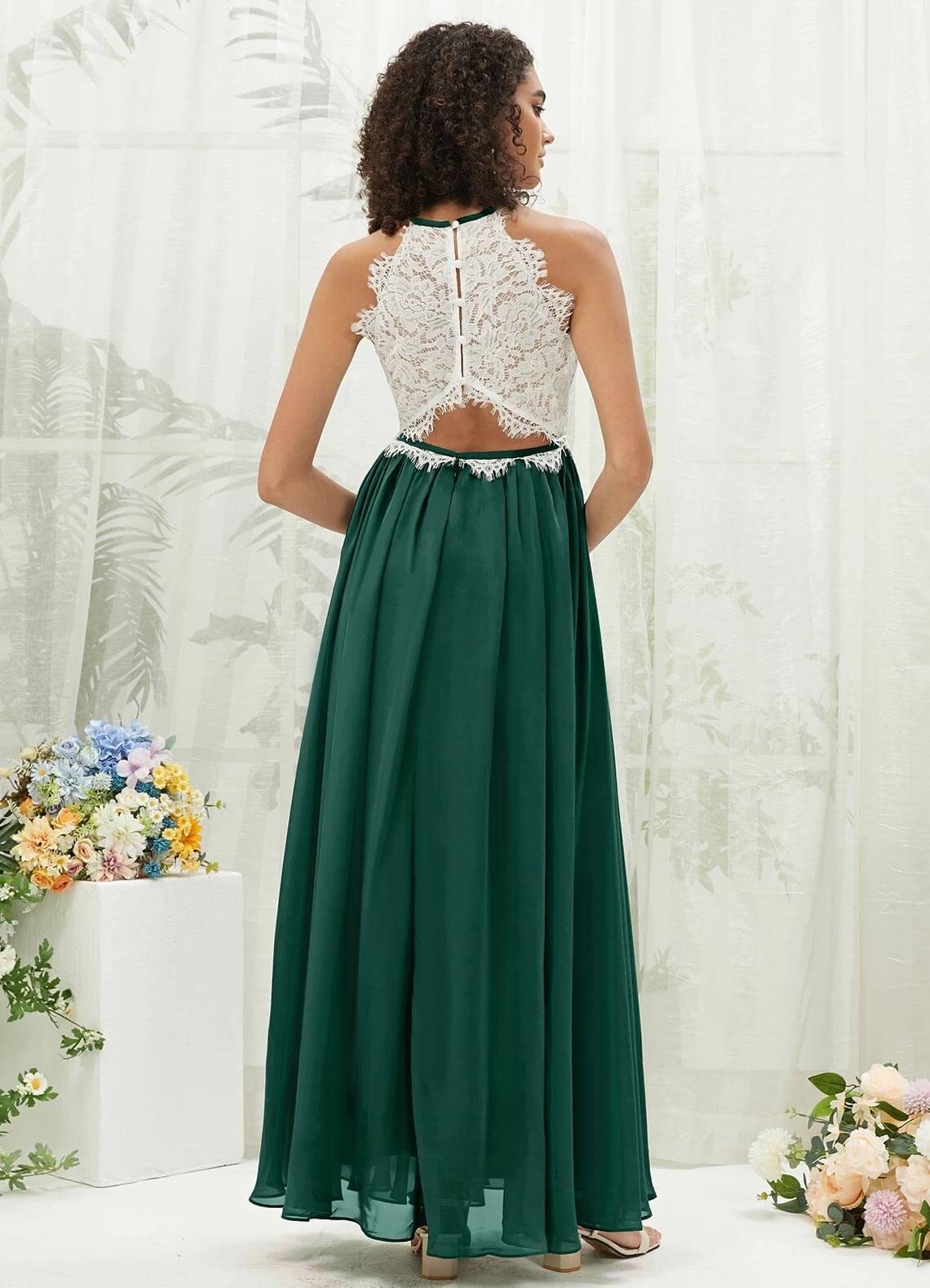 Emerald Green Lace Halter Neck Backless Chiffon Slit Bridesmaid Dress