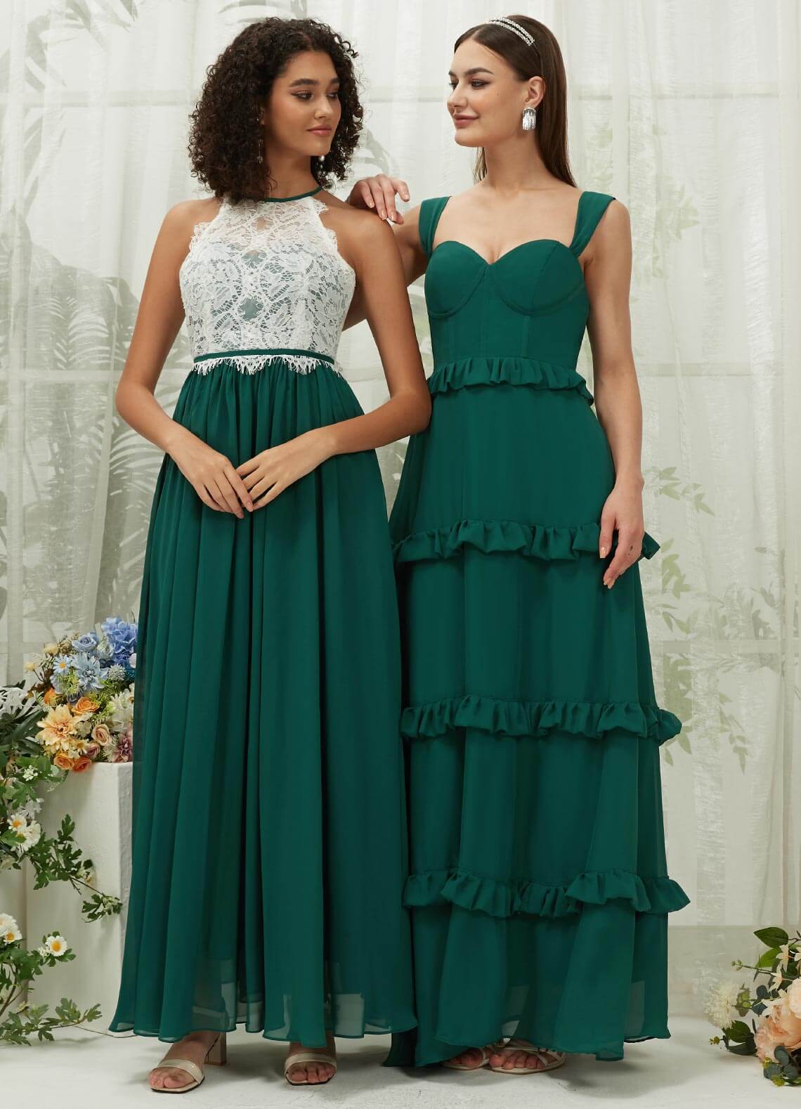 Emerald Green Lace Halter Neck Backless Chiffon Slit Bridesmaid Dress