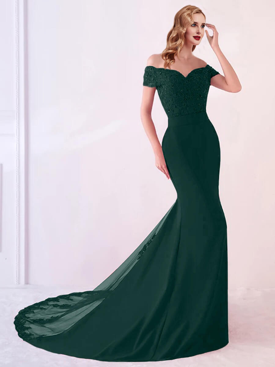 NZ Bridal Emerald Green Off Shoulder Lace Mermaid Prom Dress With Train NZB001 Bonnie a