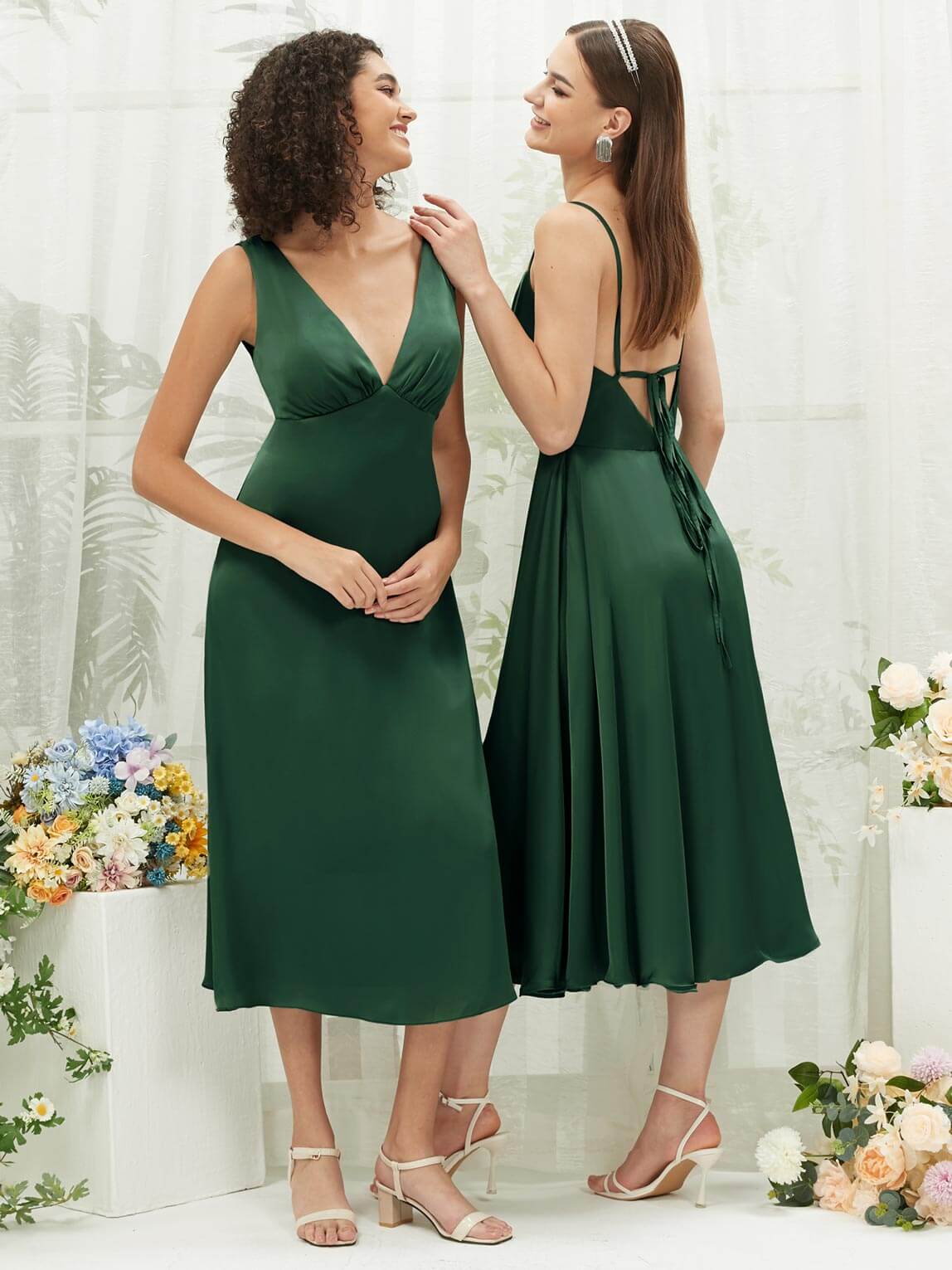 Emerald Green Silk Satin Cowl Neck Spaghetti Straps Button Slit Brides