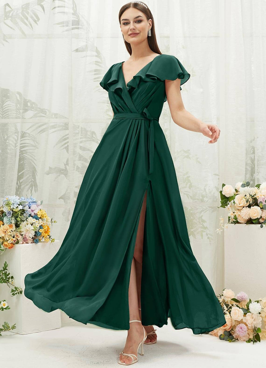NZ Bridal Emerald Green Slit Chiffon Floor Length bridesmaid dresses AZ31002 Jael a