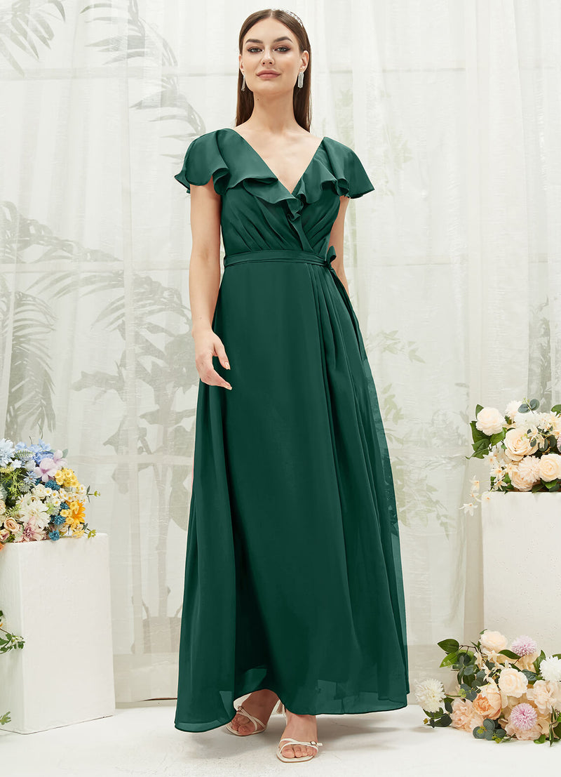 Emerald Green Chiffon Ruffle Sleeve V-Neck Slit Maxi Bridesmaid Dress Change Color From Swatches / XS / N0-2 Emerald Green Chiffon Ruffle Sleeve V-Neck Slit Maxi Bridesmaid Dress Change Color From Swatches / XS / N0-2