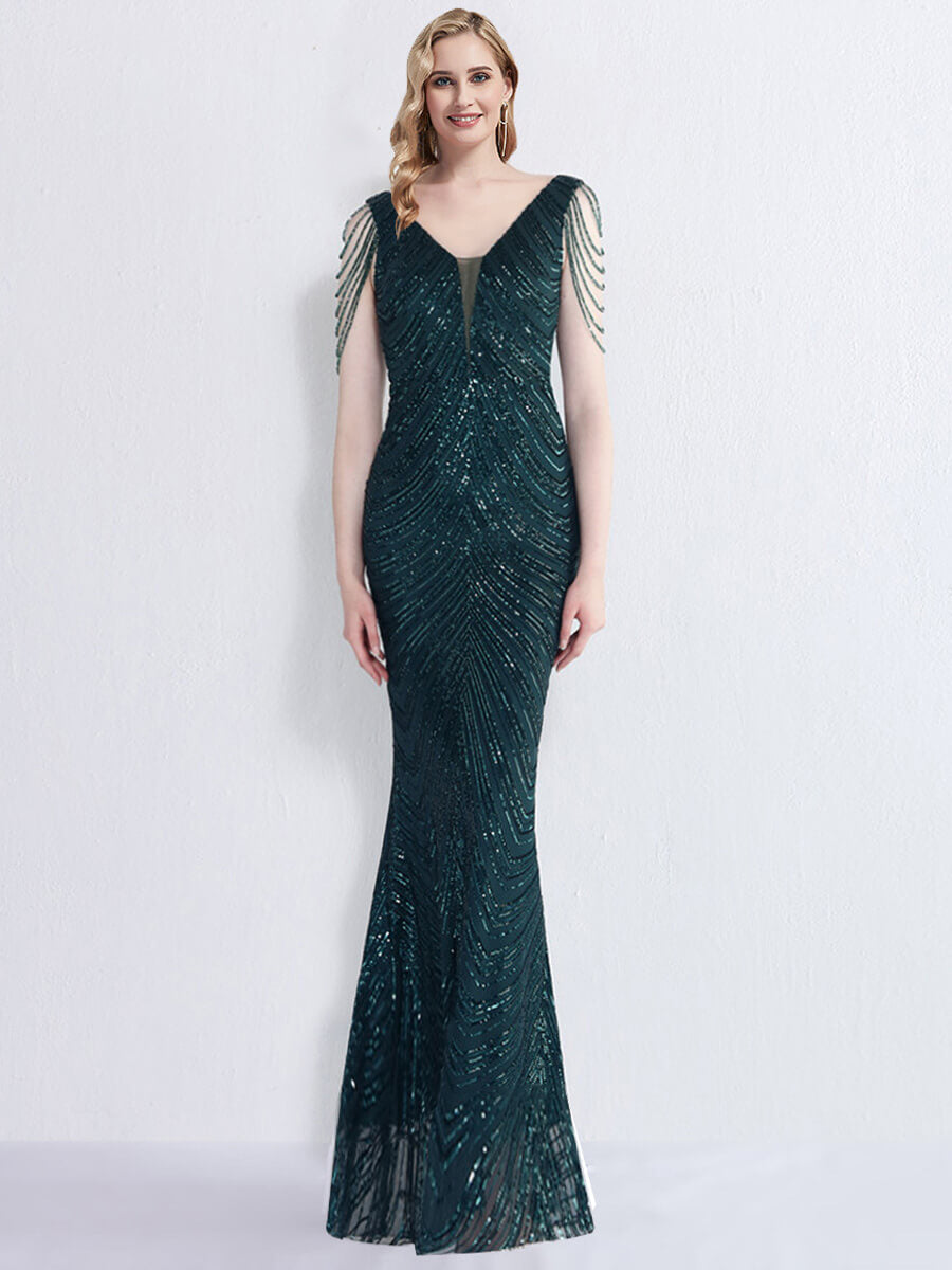 NZ Bridal Emerald Green V Neck Maxi Sequin Prom Dress 18691yey Camilla a