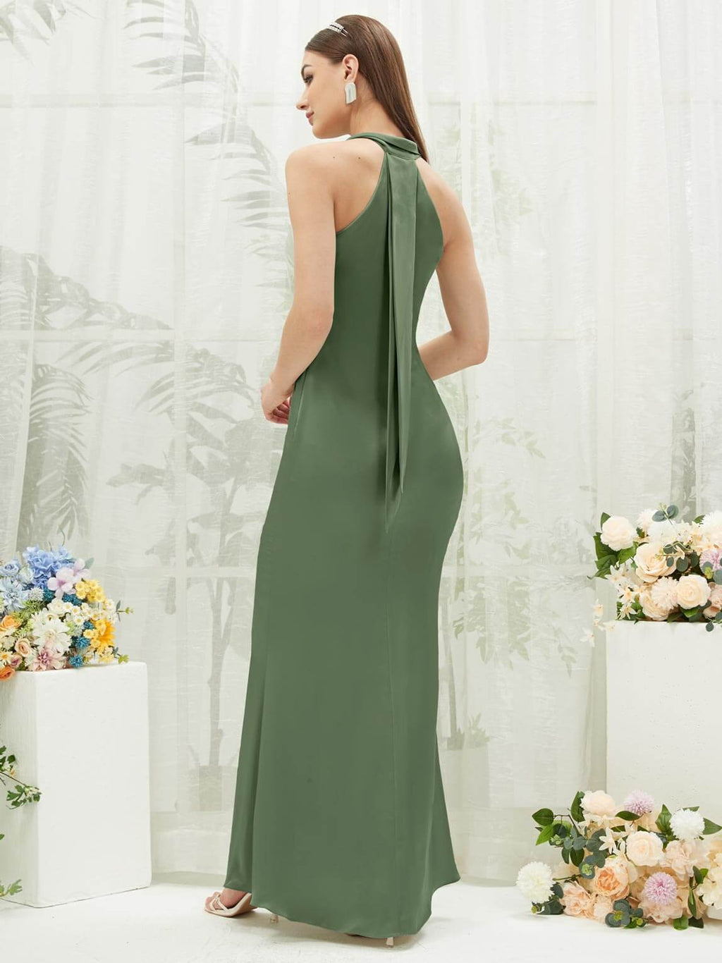 NZ Bridal Halter Neck Maxi Satin bridesmaid dresses EB30520 Emerson Olive Green a