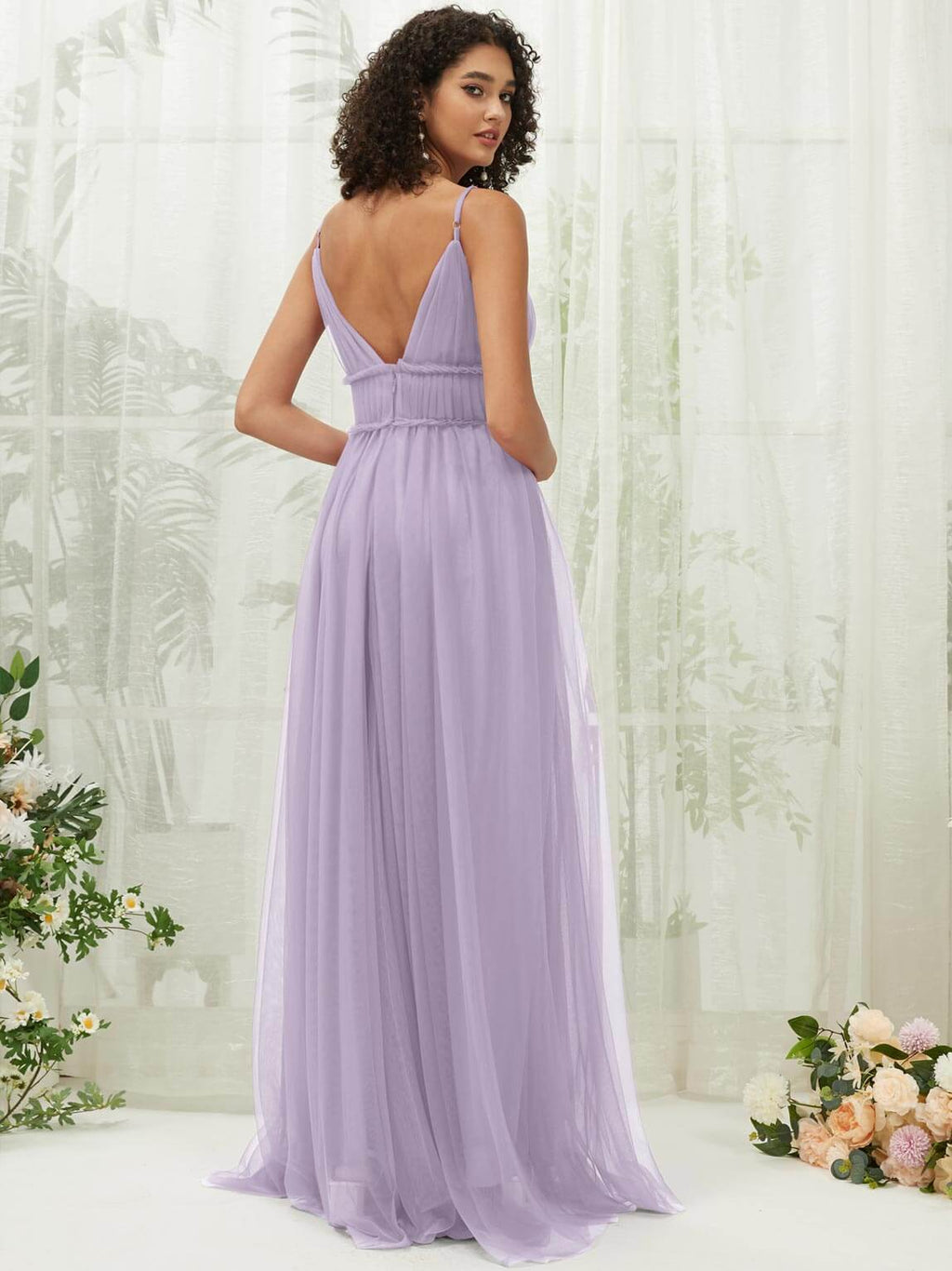 NZ Bridal Light Dusty Purple Sheer V Neck Tulle Maxi bridesmaid dresses R1029 Alma a