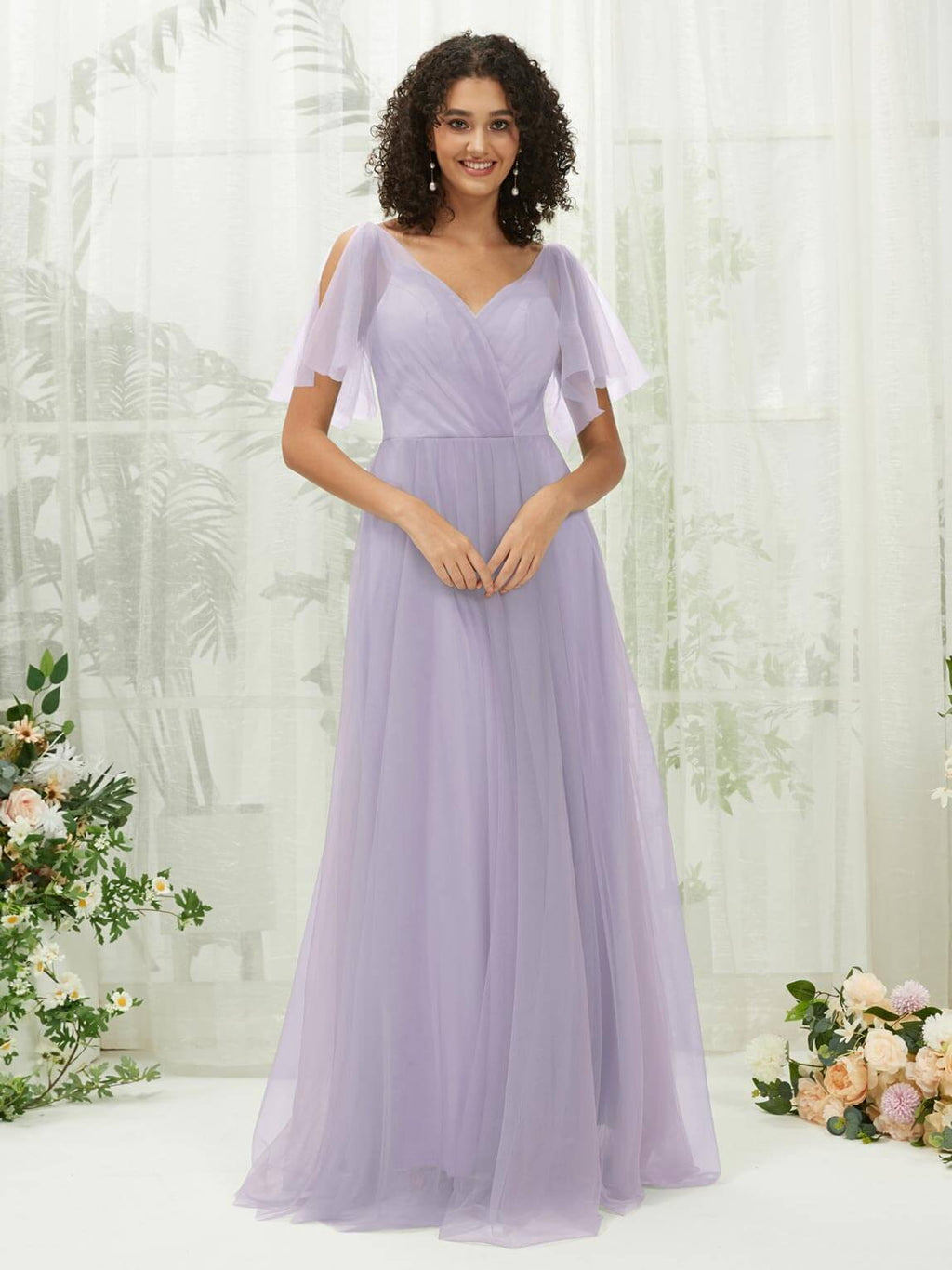 NZ Bridal Light Dusty Purple Tulle Ruffle Sleeves bridesmaid dresses R1027 Dallas a