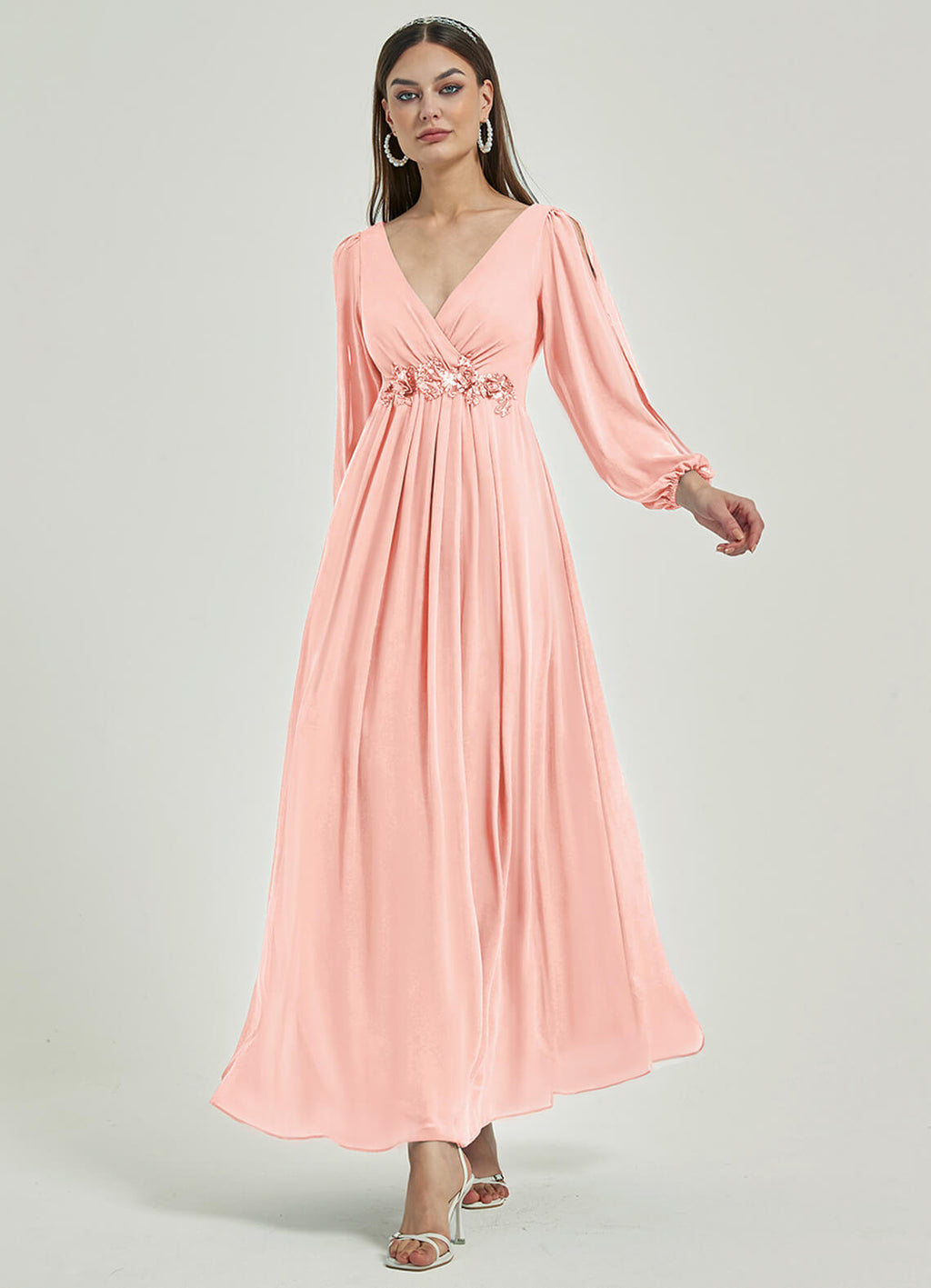 NZ Bridal Long Sleeves V Neck Chiffon Blush bridesmaid dresses 00461ep Liv a