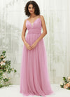 NZ Bridal Mauve V Neck Pleated Flowy Tulle Maxi bridesmaid dresses R1029 Alma a