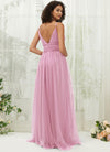 NZ Bridal Mauve V Neck Pleated Flowy Tulle Maxi bridesmaid dresses R1029 Alma b