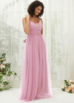 NZ Bridal Mauve V Neck Pleated Flowy Tulle Maxi bridesmaid dresses R1029 Alma c