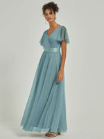 NZ Bridal Moody Blue Ruffle Sleeves Tulle Flowy bridesmaid dresses 07962ep Lucy c