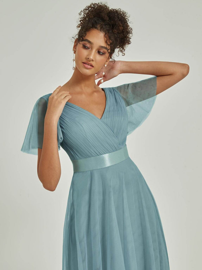 NZ Bridal Moody Blue Ruffle Sleeves Tulle Flowy bridesmaid dresses 07962ep Lucy detail1