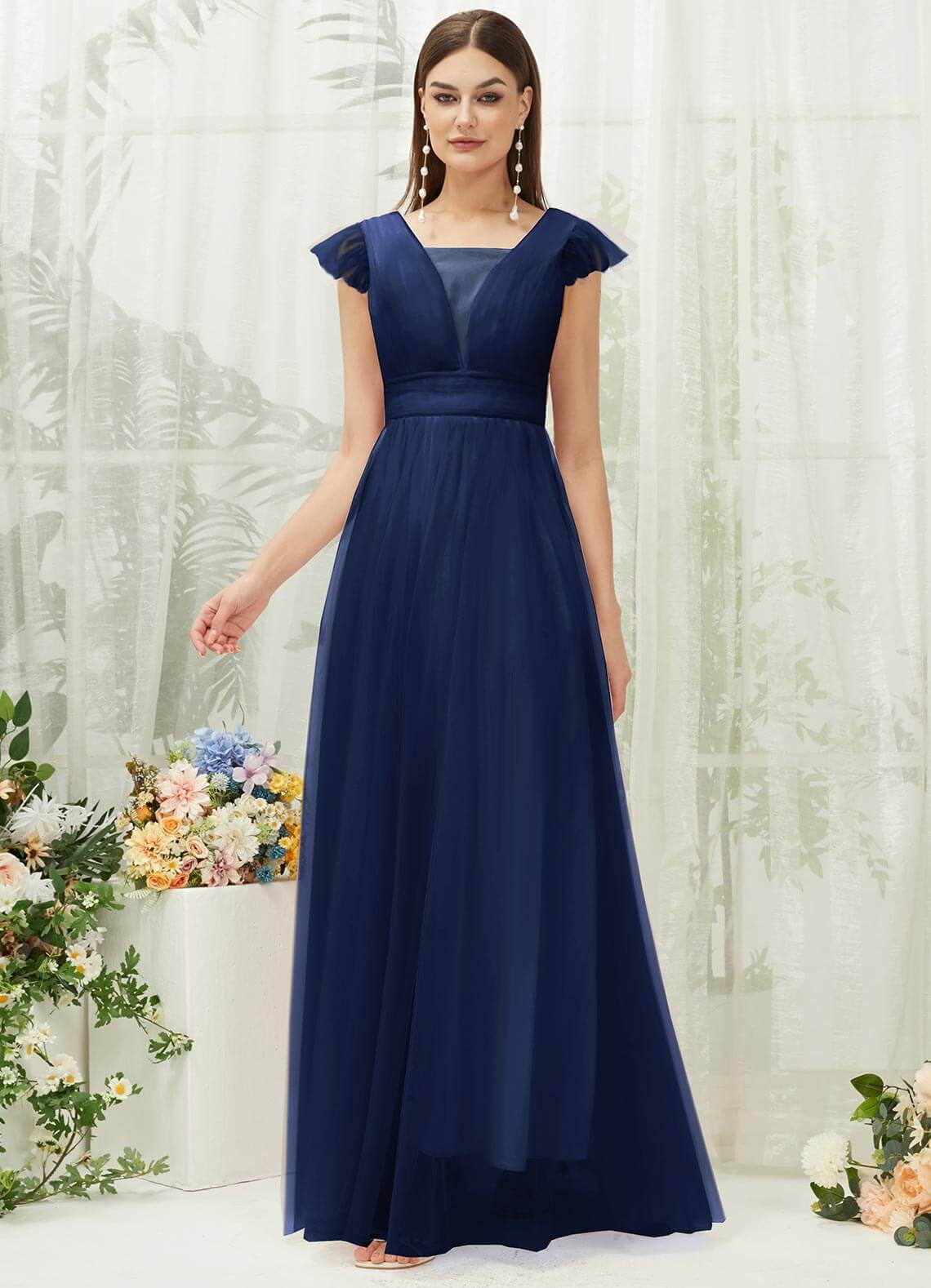 Navy Blue Tulle Cap Sleeves Floor Length Flowy Bridesmaid Dresses NZ Bridal Navy Blue Tulle Cap Sleeves Floor Length Flowy Bridesmaid Dresses NZ Bridal