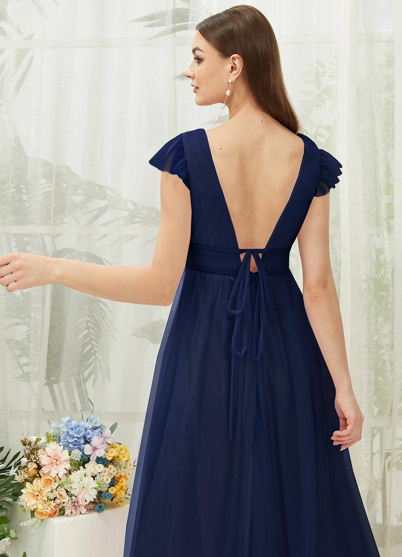 NZ Bridal Navy Blue Backless Floor Length Tulle bridesmaid dresses R0410 Collins detail1