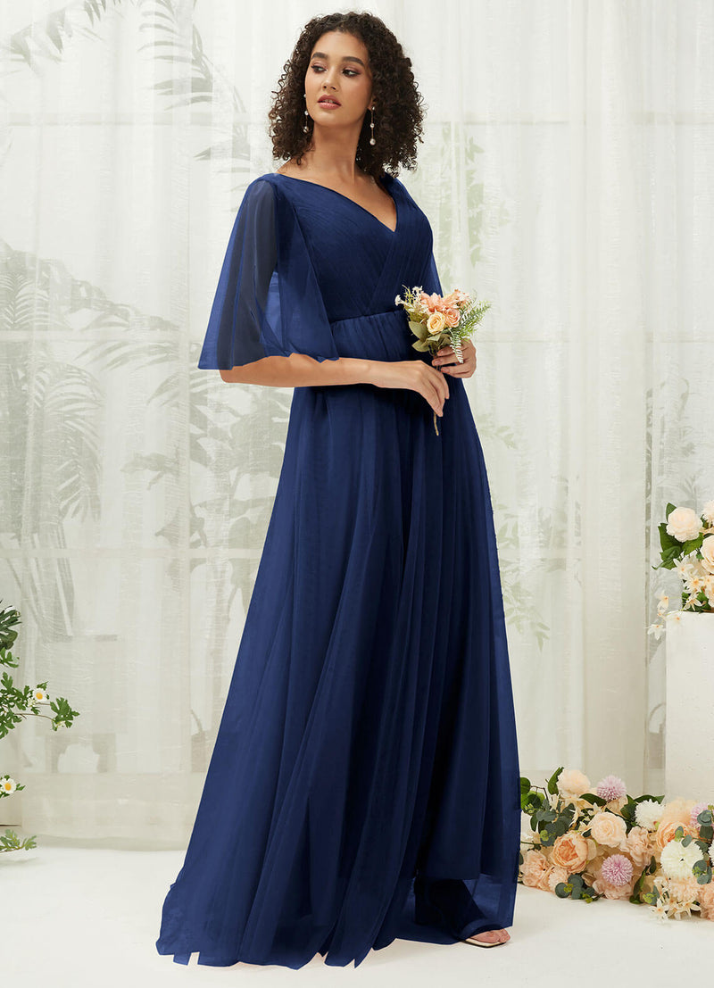 Navy Blue Ruffle Sleeves Tulle Maxi Bridesmaid Dresses With Pocket NZ Bridal Navy Blue Ruffle Sleeves Tulle Maxi Bridesmaid Dresses With Pocket NZ Bridal