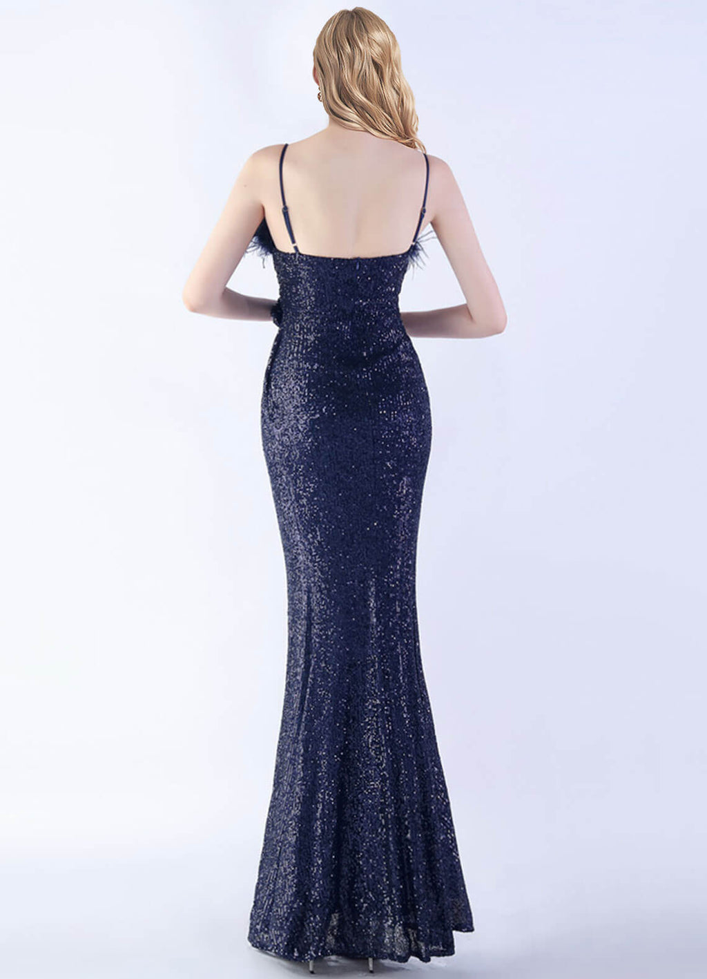 NZ Bridal Navy Blue Feather Sequin Mermaid Maxi Formal Gown 31365 Sadie a