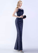 NZ Bridal Navy Blue Feather Sequin Mermaid Maxi Formal Gown 31365 Sadie c