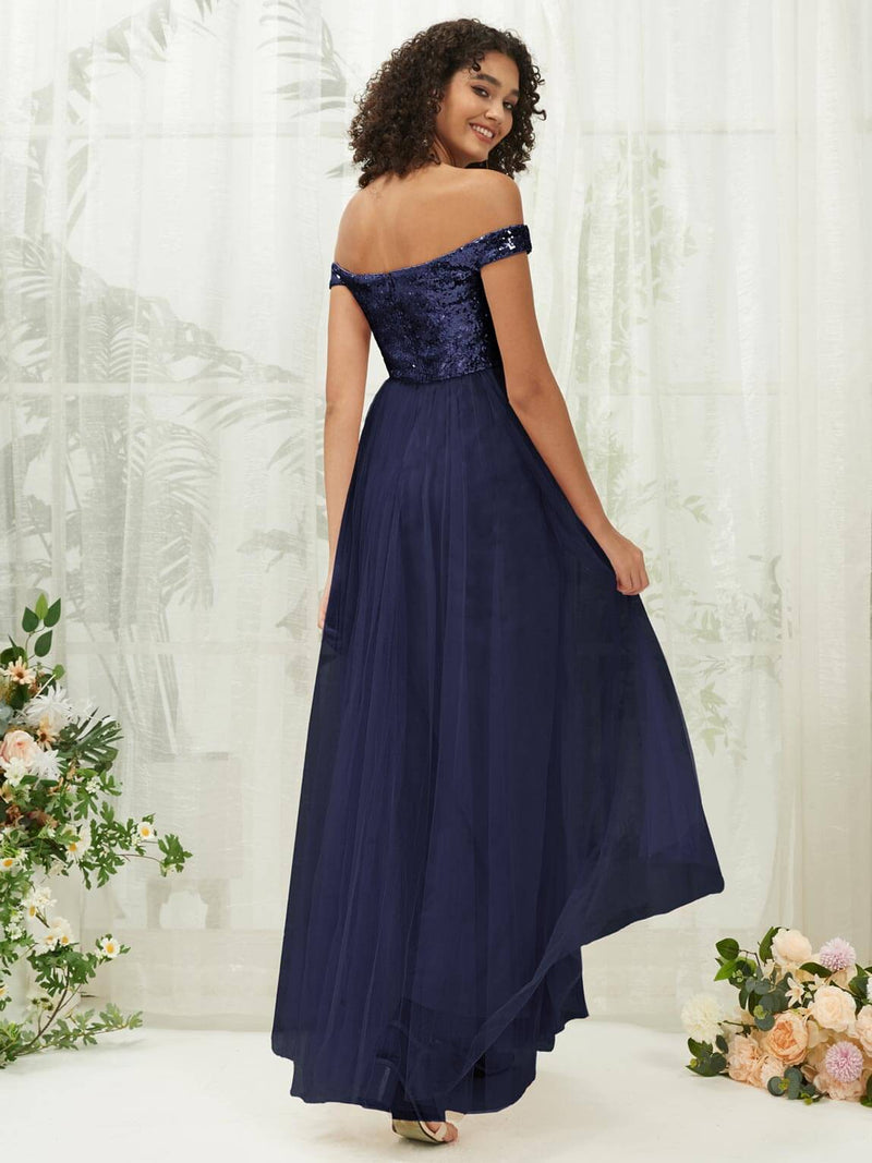 NZ Bridal Navy Blue Off Shoulder Sequin Tulle Prom Dress 00277ee Esther b