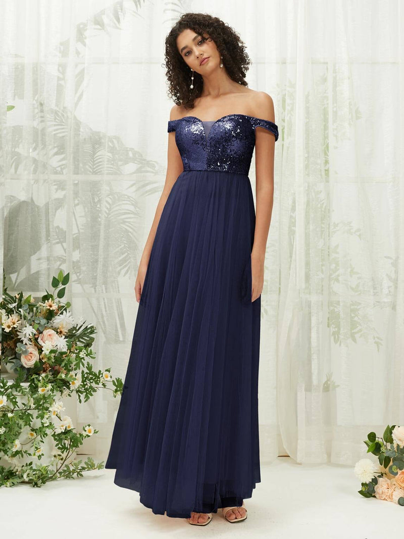 NZ Bridal Navy Blue Off Shoulder Sequin Tulle Prom Dress 00277ee Esther c