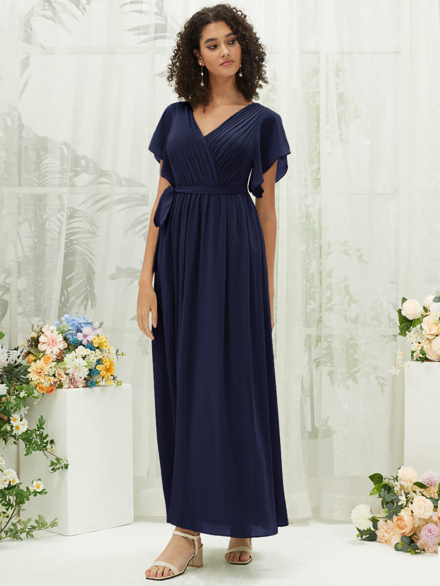 NZ Bridal Navy Blue Short Sleeves Chiffon Maxi bridesmaid dresses 0164aEE Mila a