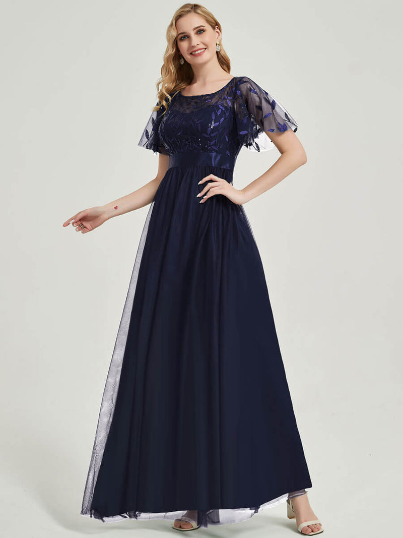 [Final Sale] Navy Blue Sheer Sleeve A-Line Maxi Sequin Formal Dress For Brides